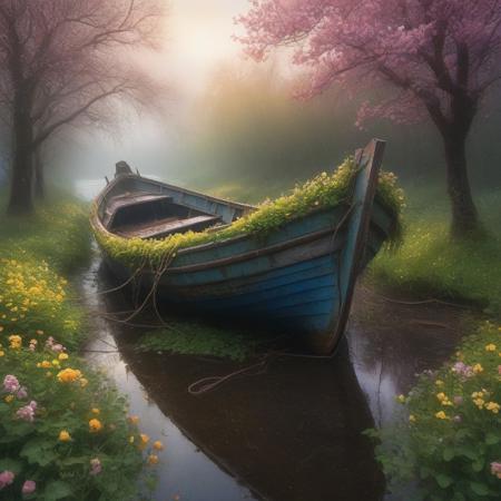 Abandoned boat entangled in vibrant spring blooms, 
shimmering Monge-inspired watercolor effect, 
set in a Gothic atmosphere reminiscent of Artgerm and Rutkowski, 
embraced by rain and fog, 
central figure asserting presence against a digital backdrop in the style of Stålenhag, 
basked in golden hour light, 
wide-angle capture aligning with the golden ratio, 
textures richly detailed, 
digital painting