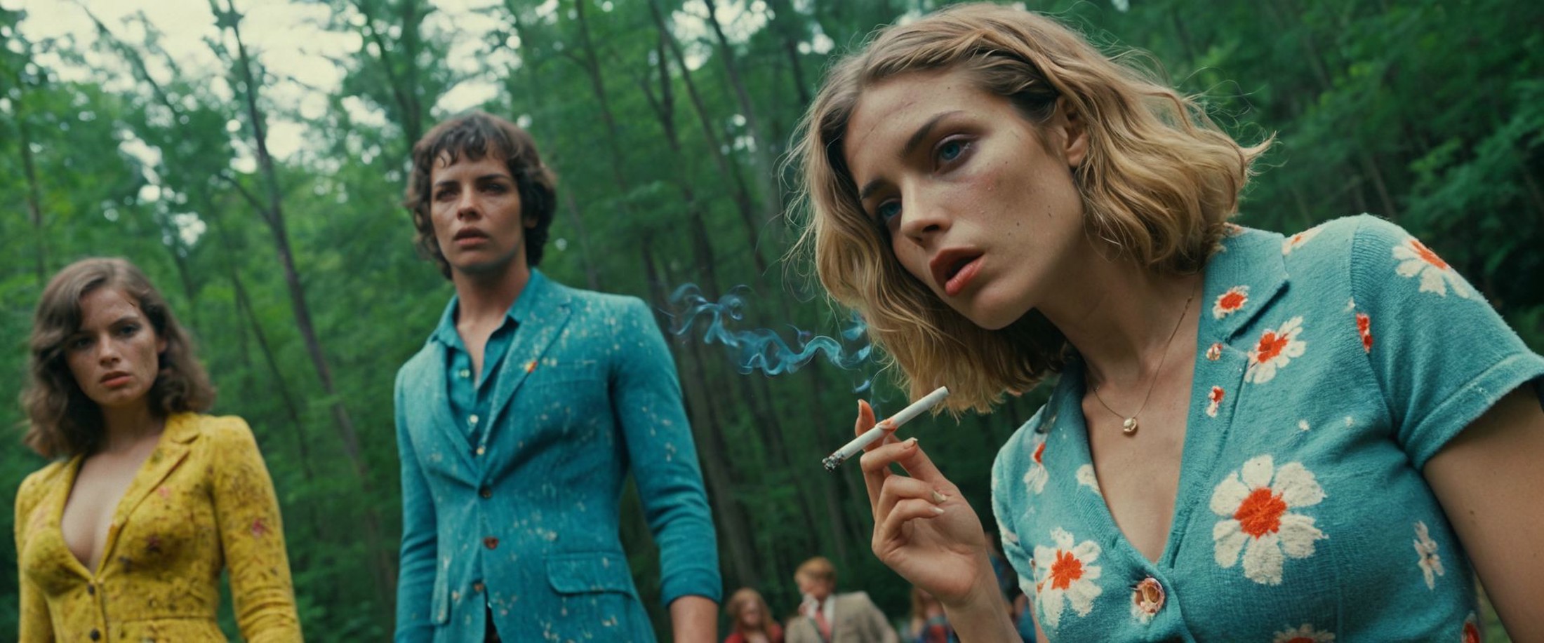 fantasy theme, raw, empathic movie still,Woodstock's people, sexy woman with floral dress, smoking , vintage suits, knitti...
