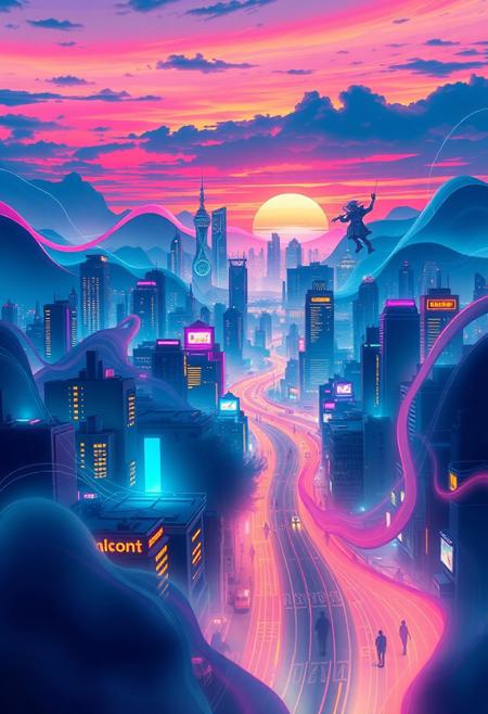 The town features a futuristic cityscape with glowing neon lights, abstract flowing shapes merging into the skyline, soft gradients blending between dusk and dawn, and ethereal figures floating in the air, all rendered in a fluid, dreamlike style, emphasizing vibrant colors, motion, and high contrast. The entire composition is vivid and dreamy, evoking a sense of wonder.