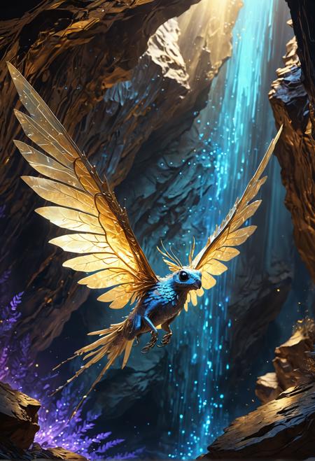 The "Glimmerwings" is a mythical creature that inhabits shimmering caves. Soft blue, warm gold, and iridescent purple lighting illuminates its ethereal form. The camera angle is a wide shot from above.  Drawing style: Realistic, Impressionist, Cartoonish. Mixed drawing styles: Shaded sketch of Glimmerwings' delicate wingspan in realistic style, with Impressionist brushstrokes for the surrounding cave and warm, golden lighting. In 4K, ultra HD detail, the texture of its iridescent scales glistens.  Prompt: Capture Glimmerwings' mesmerizing flight.