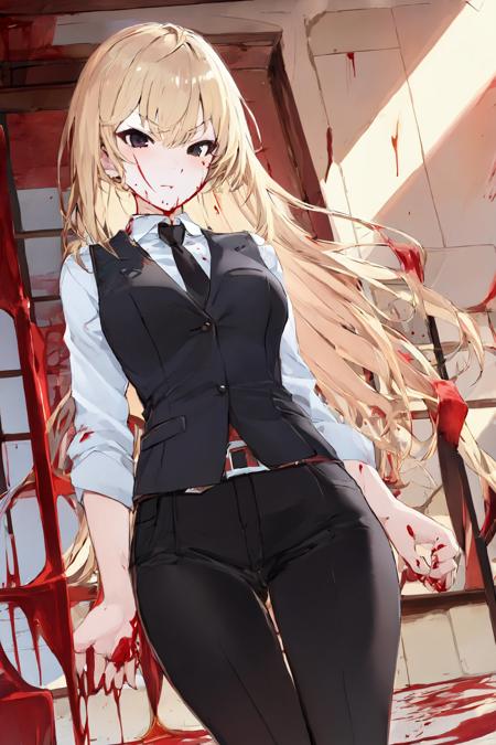 <lora:style_taiki-20:1>, (sketch:0.7), solo, 1girl, (blood:1.2), serious, long hair, black eyes, collared shirt, black necktie, vest, black pants