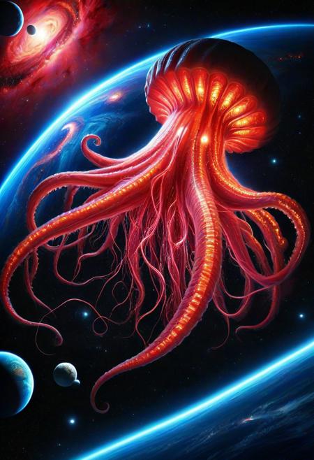 (colossal cosmic squid:1.4), (larger than [[planets]]:1.3), (luminescent red glow:1.3), massive glowing tentacles, (giant space squid [[devouring a planet]]:1.4), [[surreal]] sci-fi space scene, glowing red bioluminescent patterns across its body, deep space background [[[[filled with distant stars and galaxies]]]], (planet being pulled apart), sense of massive scale, ultra detailed textures, vibrant lighting, epic composition, cinematic perspective, high contrast,