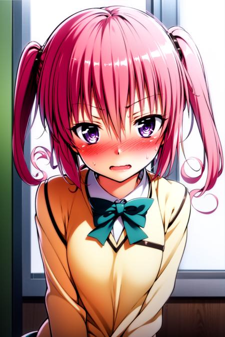 1girl, blush, solo, twintails, open mouth, @ @, nana asta deviluke, pink hair, bow, purple eyes, nose blush, long hair, bowtie, wide-eyed, wavy mouth, looking at viewer, school uniform, hair between eyes, embarrassed