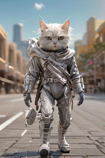 a woman's head, on a cat's body, running down a street, with a plane on her back