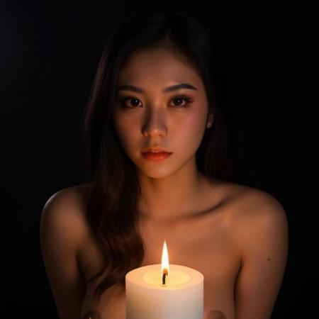 extremely detailed 16k UHD RAW photo of a 18yo naked Sofia Lee a candle in a pitch-black dark background, taken by a professional photographer with DSLR, fcDetailPortrait