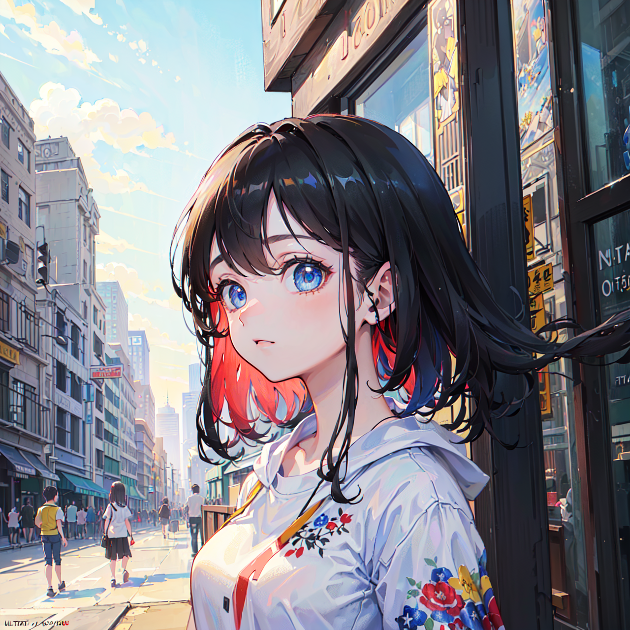 (masterpiece,best quality,ultra-detailed:1.6),illustration,
(solo,1girl,beautiful detailed eyes:1.2),
city,street,