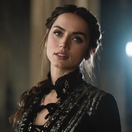 closeup of (ohwx woman) wearing gothic clothes, braided pigtails, in a castle, sharp focus, looking at the camera, makeup, cinematic look, <lora:ana_lora_sdxl_v3-000008:1>, night time, Mystical atmosphere