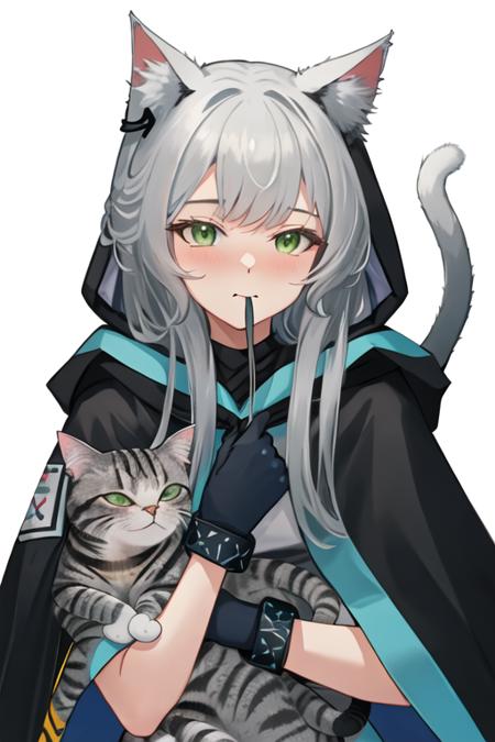 best quality, masterpiece, highres, solo, {rosmontis_arknights:1.15}, animal_ears, cat_ears, long_hair, bangs, green_eyes, animal_ear_fluff, cat_girl, grey_hair, white_hair, closed_mouth, blush, upper_body, 1girl, hood, hood_down, earpiece, looking_at_viewer, white_background, jacket, simple_background, cloak, black_jacket, hooded_cloak, portrait