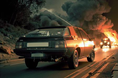 analog gloomy photo of a red Renault Fuego car, <lora:fu3g0:1>, racing down a road at night, apocalyptic, fire and smoke, traces of missiles in the sky, explosions in the back, desert, High Detail, Sharp focus, ((photorealism)), flares, realistic, best quality, 8k, award winning, dramatic lighting, epic, cinematic, masterpiece, depth of field,