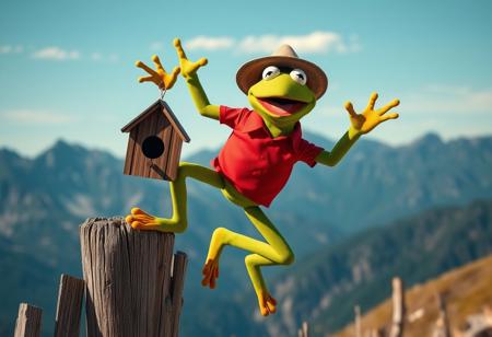 A high-resolution photographic image capturing a muscular warrior Frog, perched precariously on a weathered wooden fence. He is in a dynamic, playful star-like pose with arms and legs fully extended. Kermit wears a vibrant red shirt and a brown hat. In his hands, he holds a detailed brown birdhouse, poised as if about to release a bird into the wild. The background is a picturesque mountain landscape under a clear blue sky, emphasizing the outdoor setting. The scene conveys a moment of whimsy and adventure, characteristic of Kermit. Achieved with Octane Render and Unreal Engine 5 for stunning realism. Features: 4K, Exceptional Quality, More Detail, Lifelike Details, Super Detailed Face and Eyes and Clothes, Handcrafted with Precision, High Quality, Sharp Lines, Stunning Colors, Harmonious Colors, Multi Colored, Contemporary Aesthetics, Impeccable Composition, Creative Angle, Attractive Background, Balanced Editing, Intentional Focus, Well-timed Moment, Captivating Lighting, Beautiful Detailed Eyes, CGSociety, Artstation Trending on ArtstationHQ, trending on artstation, 8k.