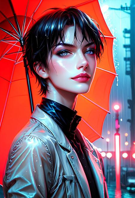 score_9, score_8_up, score_7_up, vibrant color, 1girl, solo, official art, unity 8k wallpaper, ultra detailed, beautiful and aesthetic, masterpiece, best quality, a beautiful man standing in a rainy city street at night, man, male, masculine, a gorgeous androgynous man, sleek, beautiful, fancy clothes, holding an umbrella, black hair, silver eyes, nighttime, business man, holding an umbrella, short black hair, short hair, straight hair, smug smirk, detailed, concept art, realistic, dark theme, low light, pale skin, very pale, extremely pale, handsome, 80s vibes, 80s aesthetics, 80s hair, 80s clothes, pastel neon goth, neon cityscape background, nighttime, rain, neon lights, raining, nighttime stroll, 80s look, upper body portrait, dynamic pose, gorgeous face, masterpiece illustration, digital painting, painted, painted oil, oil painting, anime painted style, 80s, 80s design, 80s style, sleek, handsome, 80s, anime, detailed, 1dk, (chromatic aberration, depth of field, volumetric lighting, raytracing:1.2), sexy gothic 80s attire, goth boy, goth, solo, looking_at_viewer, 22yo goth man, silver eyes, albino pale, white clothes, pastel goth, Mystic Vogue 80s Occult Pop