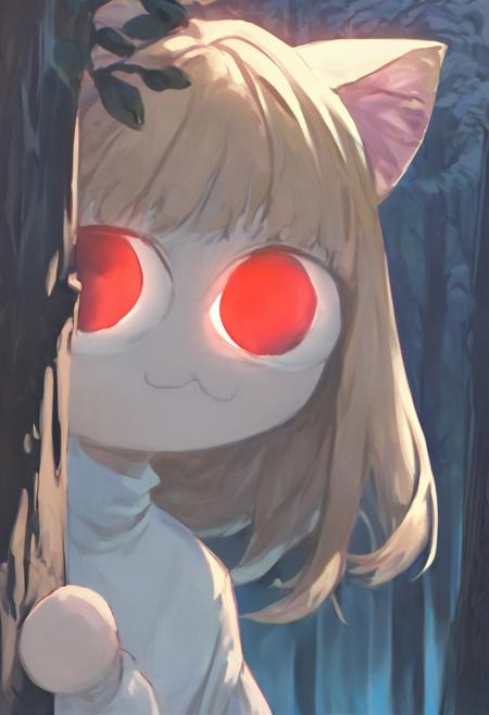 score_9, score_8_up, score_7_up, solo, peeking out, upper body, hiding behind tree, night, horror \(theme\), forest, necoarc, glowing eyes, cat ears, blonde hair, red eyes, chibi, :3, white shirt, turtleneck,  looking at viewer