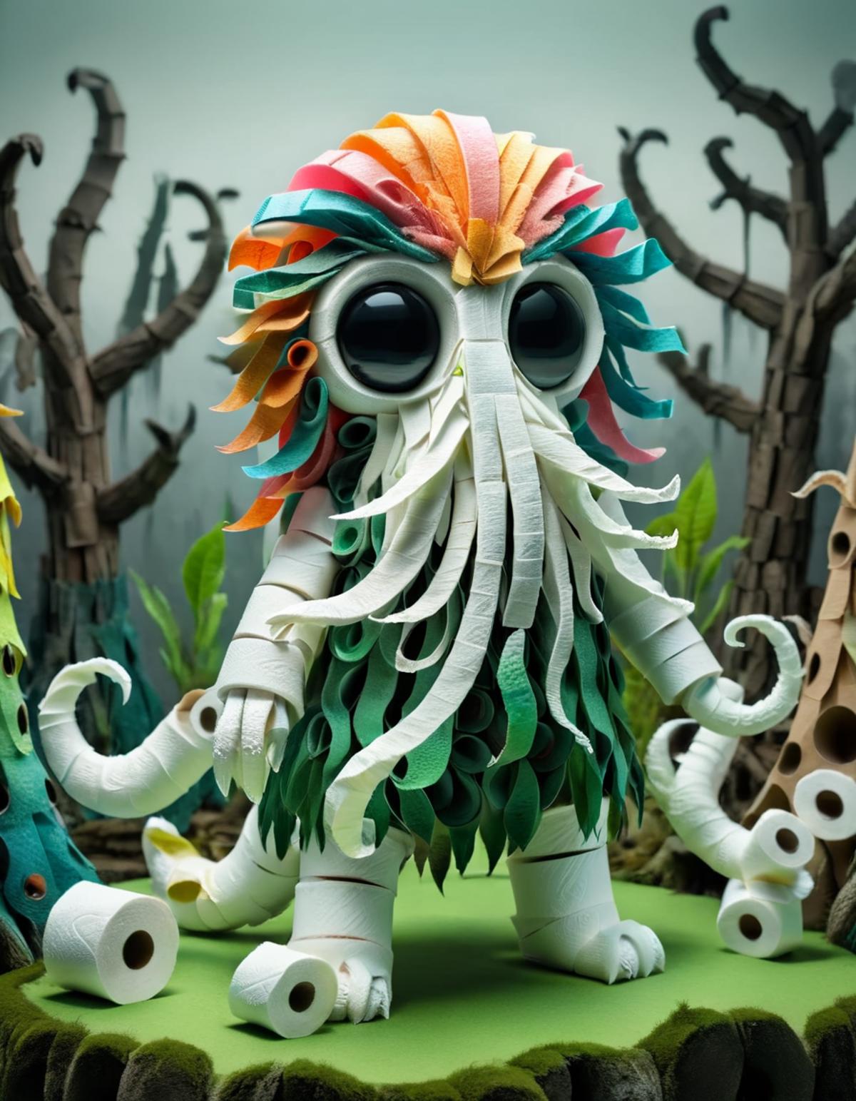 An artistic paper monster with a colorful head and tentacles.