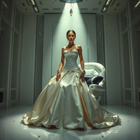 A slender, arrogant  rich norvegian bride, dressed in a luxurious, rich fantasy satin wedding gown with a fitted, boned corset and a full, flared skirt, paired with satin high heels, orgasm face, encased in beam of light from celling. The brainwashing temple electrode,  connected to a  futuristic superconputer rack. Her hands and ankles are bound to a biomechanical white chair, adorned with wet-look glossyblack slime  pillows, by massive steel restraints, accentuating her ultra-thin waist. she is drugged from standing drop counter with weird medicine. The scene is set in a sterile, empty chamber, with a glossy mother-of-pearl finish, evoking a sense of futuristic dread. Inspired by the cinematic styles of Ridley Scott, Guillermo del Toro, and H.R. Giger, with a blend of sci-fi and horror elements, this full-body portrait is a masterpiece of cinematic storytelling, shot on a virtual v-raptor XL camera, with a warm, film-grained aesthetic, subtle vignette, and rich color grading, reminiscent of 35mm film, with dramatic, atmospheric lighting, inviting the viewer to immerse themselves in this epic, stunning scene.