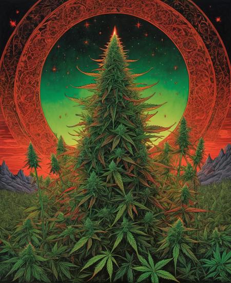 An almost endless field of marijuana, dark arts, highly detailed, bright red and green glow, centered on a black background, pen and ink, tarot card, Marc Simonetti, Gustave Dore, Kim Jung Gi, detailed, intricate, ink illustration, magic glow, bioluminescent lighting, atmospheric, ominous, eerie, cinematic, Epic