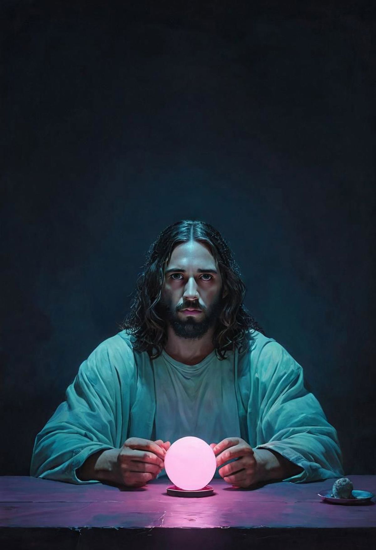 Jesus Christ holding a pink ball in a dark room.