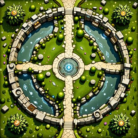 masterpiece, very aesthetic, best quality, newest, absurdres, highres, <lora:mapcraft_sdxl_v1:1> mapcraft, battle map, no humans, top-down view, map, from above, highly detailed, exterior, landscape, forest clearing, grass, pond, stream, interconnected paths, stepping stones, magic portal