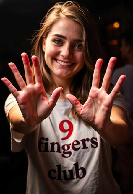 22yo woman showing her hends wearing shirt with text "9 fingers club", smiling, looking at viewer, dramatic light, dynamic angle