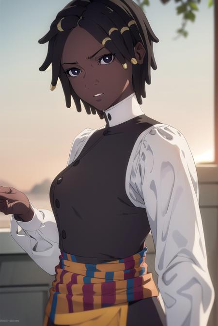 castlevaniaannette, short hair, black hair, dark skin, (black eyes:1.5), dark-skinned female, very dark skin, dreadlocks, shirt, long sleeves, white shirt, belt, pants, vest, black pants, yellow vest,