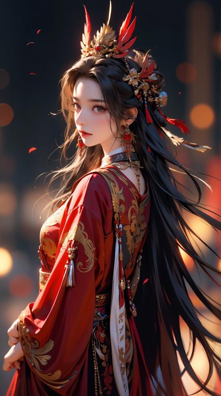 1girl,jewelry,earrings,solo,long hair,hair ornament,looking back,looking at viewer,red dress,black hair,upper body,closed mouth,blurry,dress,tassel,brown hair,feathers,from behind,chinese clothes,tassel earrings,<lora:å¤å éå¸:0.6>,the whole body,