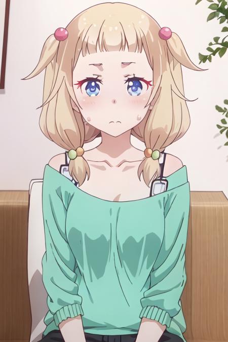 best quality, masterpiece, highres, solo, {sakura_nene_newgame:1.15}, blonde_hair, hair_ornament, hair_bobbles, twintails, blush, blue_eyes, bangs, closed_mouth, low_twintails, 1girl, collarbone, long_hair, looking_at_viewer, portrait