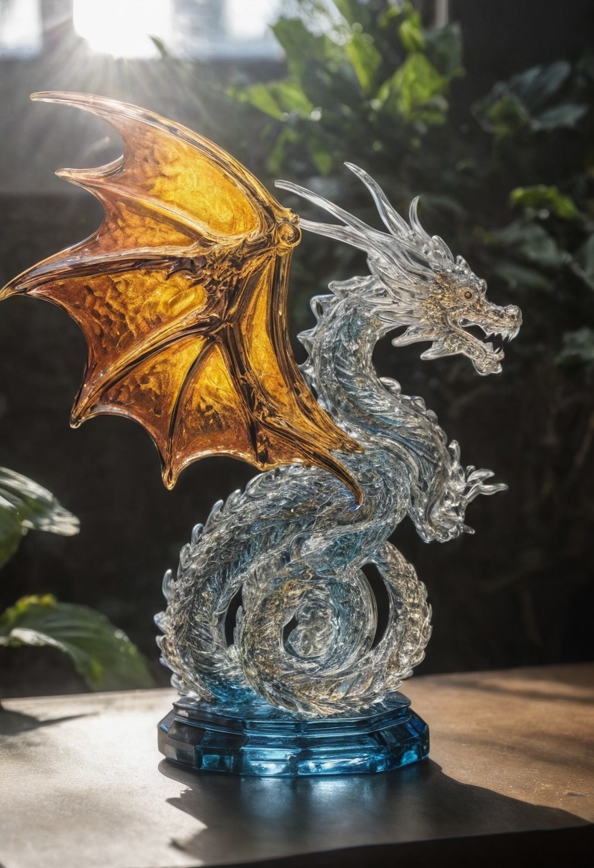 Product photo, a glass dragon scupture, beacutful sunrays, intense lightingting, sunlight lighting, sharp lighting, detailed, analog, DSLR