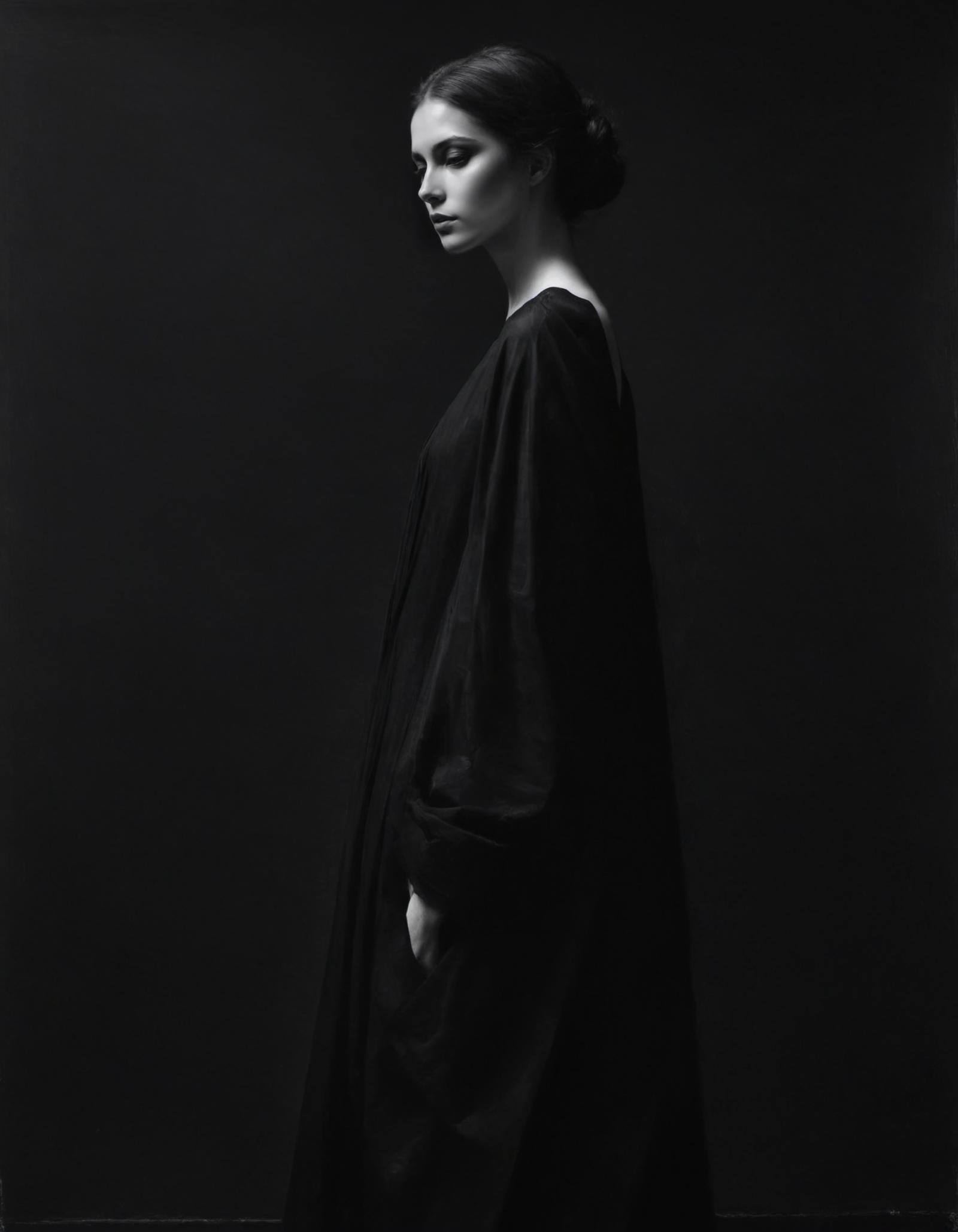 A woman dressed in a black robe with her hair in a bun, standing in a dark room.