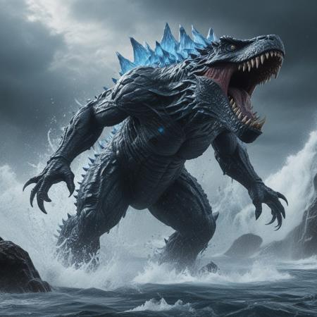 water torrent background, kaiju battle, heatwave, extremely contrast, black and blue scheme, perfect dynamic pose, demolition, inspired by An Zhengwen, nachosaurus, cut-away, ice lord, only a mouth with long, editor's pickup, size difference, 3/4 front view, ultra wide lens, trending on artstation, award winning
