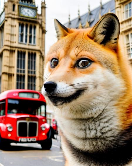 professional portrait of a red fox in central london, big ben in background  <lora:mntydge:1>