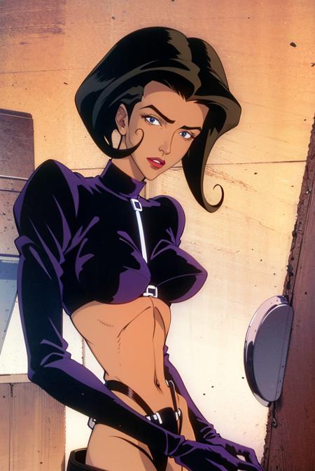 aeon flux, black hair, blue eyes, half body, interior, futuristic city, animation <lora:Aeon_Flux_Style-09:.7>