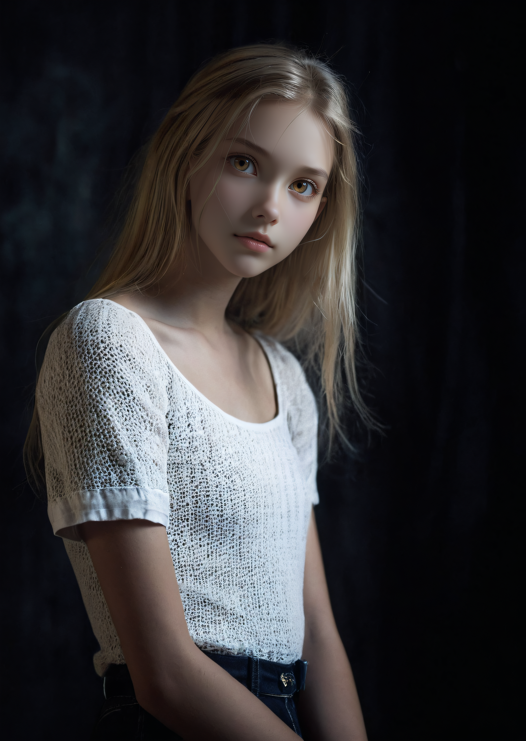 Artistic shot of Young cute girl, with soft face-features, blond hair, head turned to side, white top with cross weave shoulder, (slender extremely-long-legs:1.3), dark background, eerie atmosphere