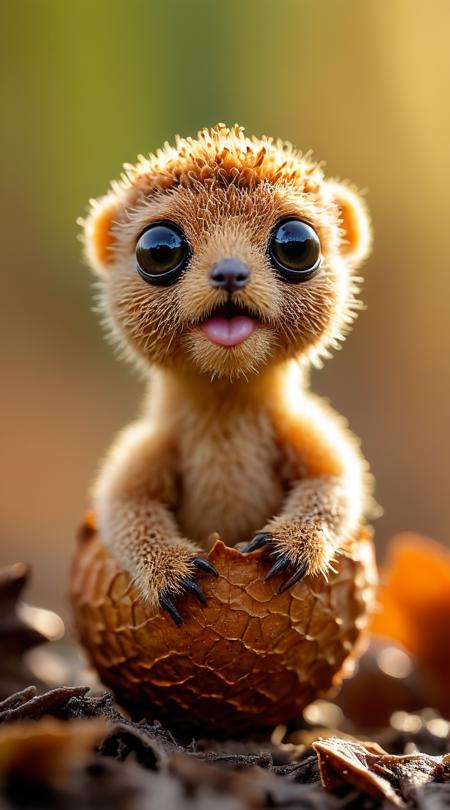 Teddy-like sprig with eyes and tiny feet, emerging from an acorn cap, macro view, straight, sunrise light.