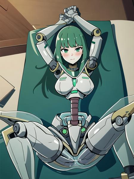 1girl, robotic, green eyes, necron, long green hair, lying on bed, from above, spread legs, (((lewd))), blush,
<lora:necron_girl_v1:0.75>, (masterpiece:1.4, best quality:1.4), ultra-detailed, illustration, (high resolution), Best background details, (Best character details:1.3)