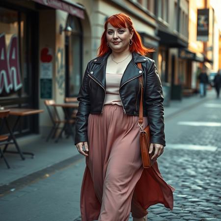 masterpiece portrait of young obese red-haired British woman::1.4, modern street fashion style::1.2, cinematic realism art::1.1
(physical description: full body shot, soft and obese figure, vibrant red hair in a relaxed mid-length style, expressive and youthful face, fair skin:1.1)
(facial features, expression: poised and confident expression, slight smile, freckles, lightly made-up with warm natural tones:1.0)
(clothing details: cropped faux leather jacket in muted plum, blush pink satin camisole, flowing rose mauve maxi skirt, pale classic low-heeled shoes:1.0)
(accessories: silver necklace and minimalist hoop earrings, stylish leather crossbody bag:0.9)
(background setting: trendy urban street scene—cobblestone or brick sidewalk, graffiti-tagged walls, café seating nearby, street fashion energy in the air:0.9)
(lighting style: golden hour natural light, soft warm highlights with cool shadows, subtle lens flare:0.8)
(composition and camera framing: full body, dynamic mid-stride walking pose, angled slightly from below for added height and presence:1.0)
(emotional tone or theme: vibrant and confident, body-positive street style chic, modern London cool meets classic curves:0.9)
(technical execution: crisp fashion photography texture, subtle motion blur in skirt and hair, well-balanced saturation emphasizing red hair and soft fabrics:0.8)