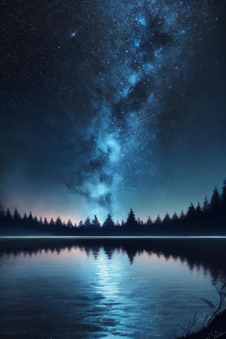 no humans, star (sky), scenery, sky, starry sky, night, tree, night sky, reflection, outdoors, blue theme, water, lake, nature <lora:JW_v2-000006:1>