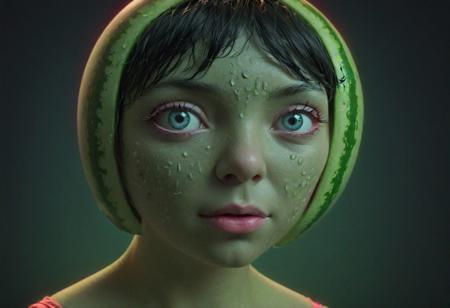 A technicolor 3d stereoscopic photograph,A female watermelon-human hybrid with embedded electronics, cartoon eyes, cinematic still, dramatic Moody cinematic lighting,