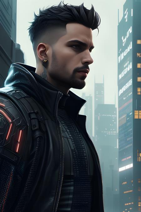 photo portrait Male assassin, wearing cyberpunk intricate streetwear, beautiful, detailed portrait, cell shaded, 8k, concept art, by wlop, greg rutkowski, pixiv. cinematic dramatic atmosphere, sharp focus, volumetric lighting, cinematic lighting, studio quality