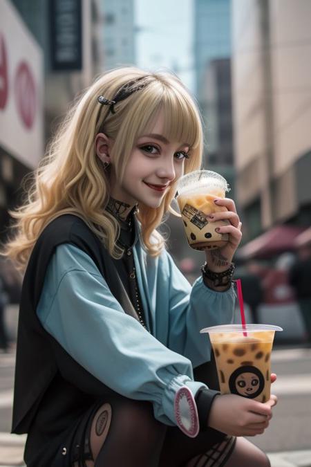 4K,8K. An attractive american gothic punk girl, with black punk fitting clothes, (blonde very long wavy hair:1.05) (wide dreamy light blue eyes,) wide smile, face close up, (holding a bubble tea,) (dynamic sitting pose, on the street)