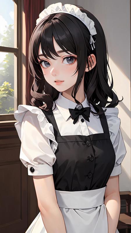 (masterpiece, best quality:1.2), looking at viewer, wavy hair, (bright skin:1.2), {indoors|outdoors}, {day|night}, {upper body|cowboy shot|full body}, grey eyes, 
black hair, maid,