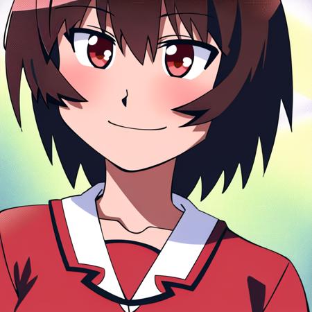 <lora:KaguraLoRA:1>, 1girl, solo, (portrait) kagura, brown hair, short hair, brown eyes, dark skin, looking at viewer, smile, school uniform, serafuku, (red shirt), red skirt, white background