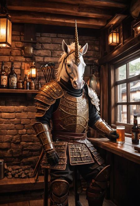 fantasy anthropomorphic a (japanese-unicorn) (archer: 1.19) (leather armor) in dark japanese-tavern holding a pint of ale in a cozy environment with gas lamps oriental japanese-woodworking warm brick fireplace and (paper windows) (japanese-style-architecture)