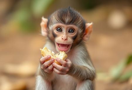 Baby monkey is happy about food.