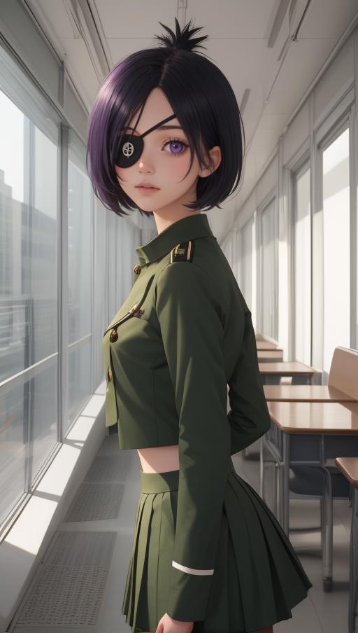 Anime character with purple hair, a green military uniform, and a black eye patch.