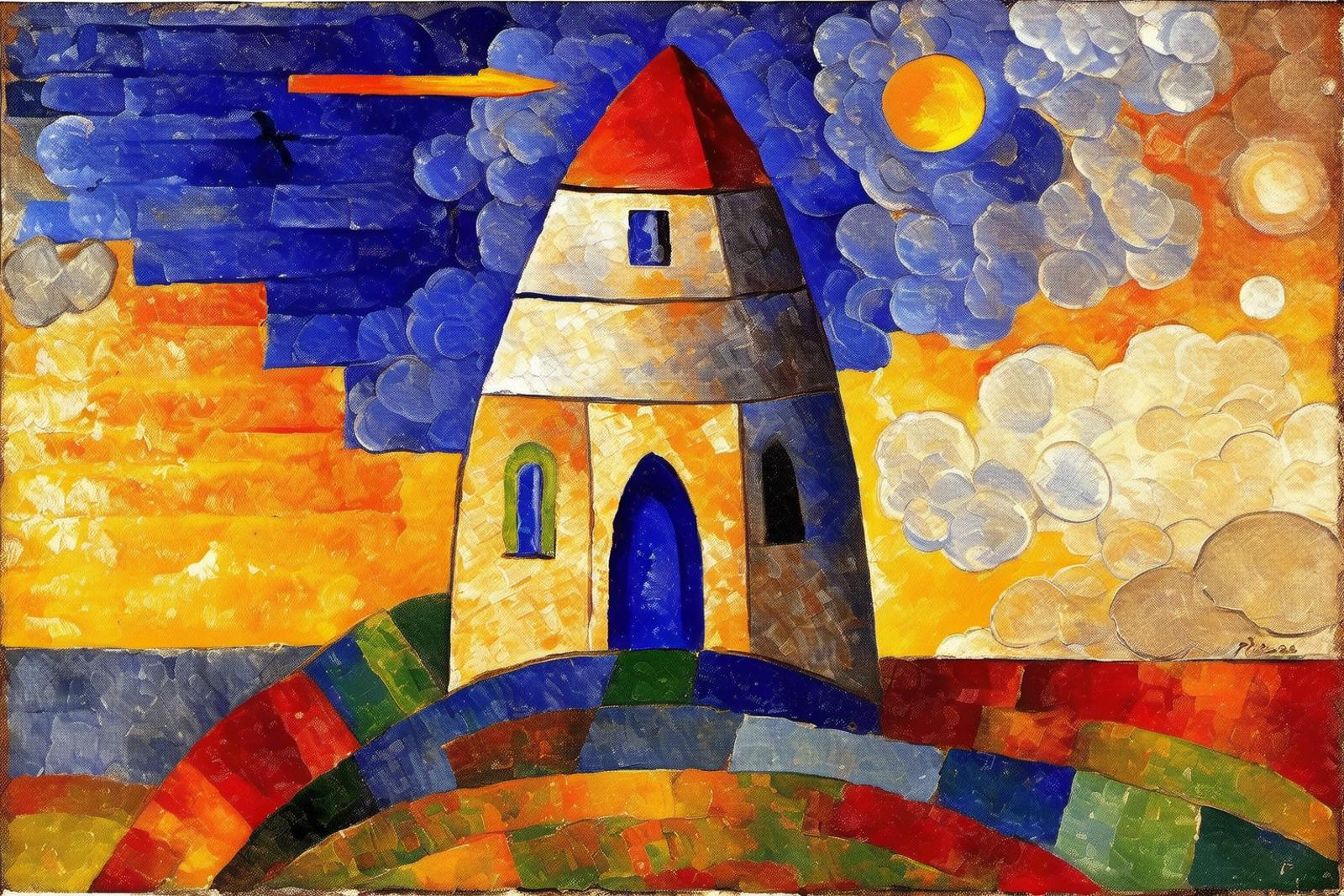 Colorful painting of a church with a blue door, a red roof, and a yellow sky.