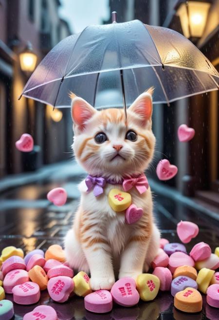 score_9, score_8_up, score_7_up, masterpiece-level, highly detailed, fantasy-themed, antho cat, chibi cat, chibi antho cat, cute animal focus, really cute animal, cute focus, intricate details, vibrant and hilariously relaxed aesthetics, (rain made from candyhearts,:1.5) , tiny candy hearts poaring, (raindrops made from candyhearts,:1.5) holding, umbrella:2, raining, kitten:2, standing, photorealistic render with Warframe aesthetic, dramatic lighting, best quality, plastic umbrella, (raindrops made from candyhearts:1.5)visible to shelter protecting a tiny, shivering calico kitten kitten nestled in a dark, atmospheric alleyway between high-tech buildings, (rain made from candyhearts:1.5) pouring down dramatic nighttime lighting, illuminated primarily by streetlights and the focusing on the kitten huddled safely, cute kitten, protection, rainy night, umbrella, juxtaposition, touching moment, sci-fi elegance, masterpiece, best quality, best quality, absurdres, 8k, HDR, <lora:albrecht_labs:1>