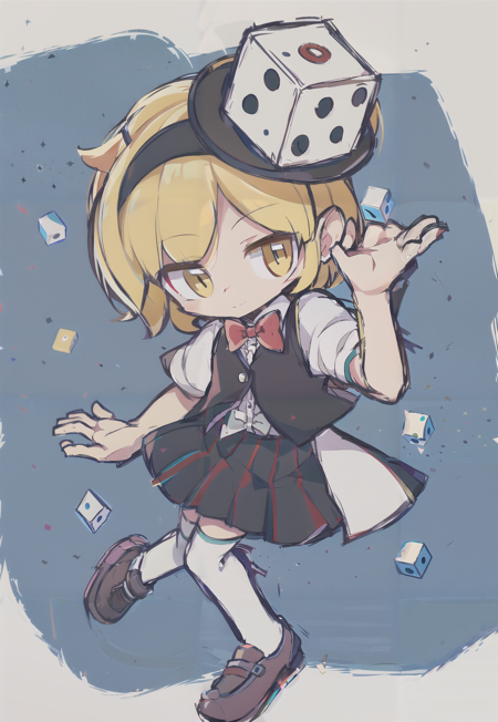 Xeno a, red bowtie, short sleeves, dice \(ornament\), blonde hair, short hair, black vest, white shirt, hairband, center frills, black skirt, thigh_highs, holding card, shoes, yellow eyes, androgynous