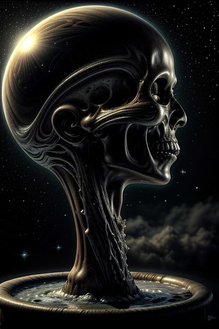 A close-up photorealistic image of a crystal-like floating skull facing dynamic view with its mouth open, pouring from it's mouth a shimmering liquid resembling the universe onto the ground, filled with rich stars and swirling galaxies. A simple void background enhances the dark atmosphere, shrouded in fog, capturing the hypnotic flow and shimmer of the cosmic liquid, side view,
