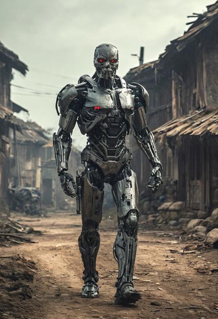 photo of T-800 terminator hunting humans in old village in the background
