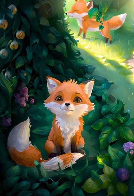 amazing quality, masterpiece, best quality, hyper detailed, ultra detailed, UHD, perfect anatomy, dof, portrait,  awesome, inspiring,  Expressiveh, realistic, high quality, 4K, absurd resolution, incredibly detailed, masterpiece, sharp, (too cute fox house garden:1.4), (so cute:1.4), big round eyes, cute eyes:1.4), happy, extremely detailed, no humans, extremely detailed scales, sunlight, realistic, high quality, detailed, shadows, glowing, bright colors, high contrast, vivd lighting, cinematic composition, soft shadows, national geographic style, (view from above),cartoon style