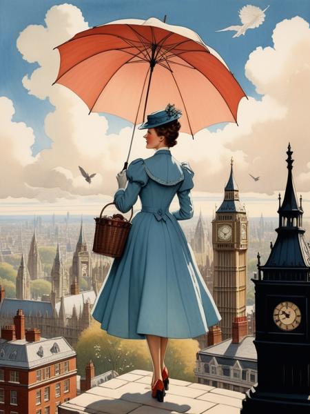 <lora:04Vintageillustration_Hap_XL:1>,Norman Rockwell style,vintage poster, Mary Poppins, adorned in her iconic dress, maintains a strong stance while grasping an umbrella, soaring through the clouds of a quaint 1888 London skyline, fairytale-like watercolor ink illustration, captivates the beholder with its whimsical touches and cute details, inspired by the artistry of Carin Wezel, soft pastel palette, dramatic backlighting from setting sun casting gentle silhouï¼